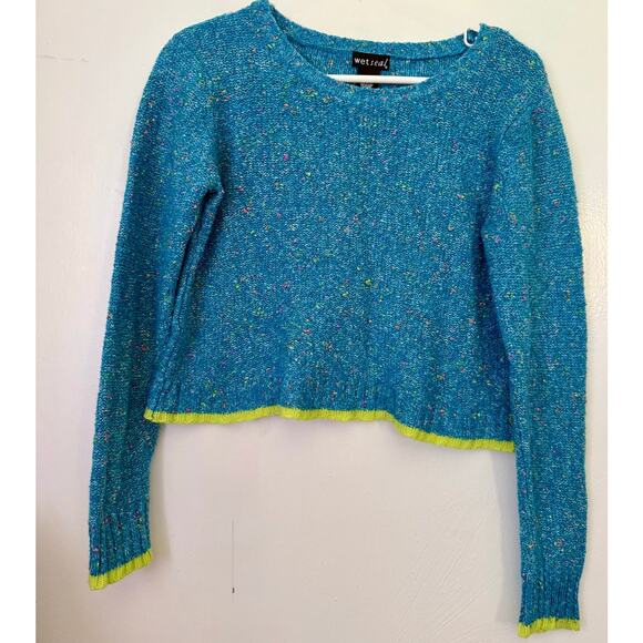 Vintage Y2K Wet Seal Neon Blue Yellow Crewneck Fuzzy Sweater Med Large Winter - Picture 1 of 5